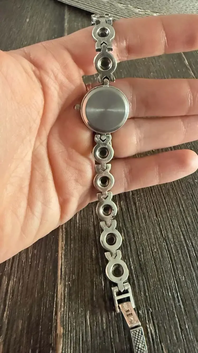 Vintage Sterling Silver 925 Marcasite and Black Onyx Quartz Bracelet Watch
